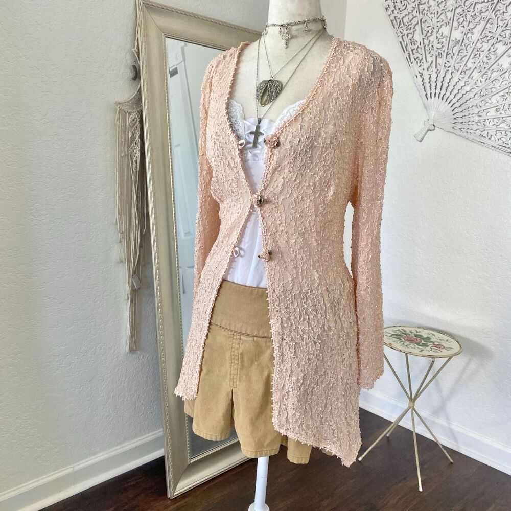 Blush Pink Vintage Fairy Coquette Whimsical Lace Rosebud Cardigan Plus 22 2XL - Picture 3 of 7